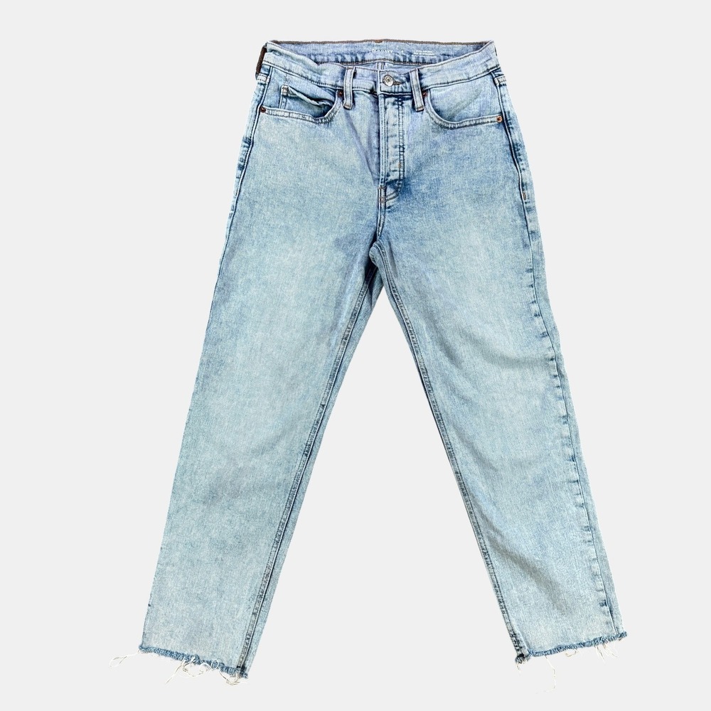Old Navy Sky-Hi Straight Jeans 4 Petite Faded Extra High Rise Button Fly Raw